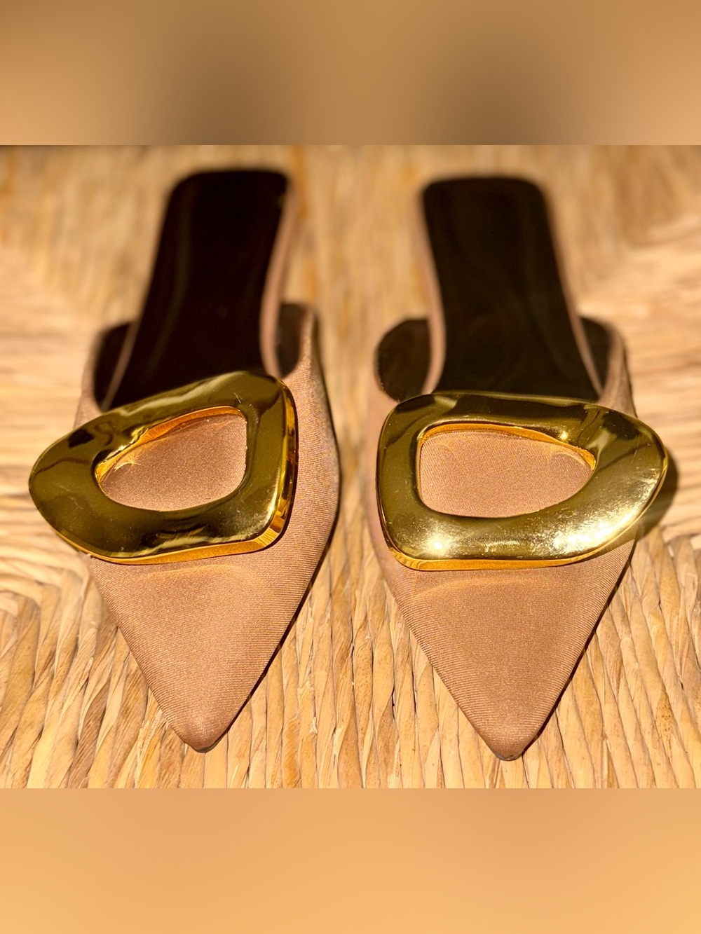 Women’s Pointed Toe Slide Mules with Gold Accent - Tan - Picture 4 of 6